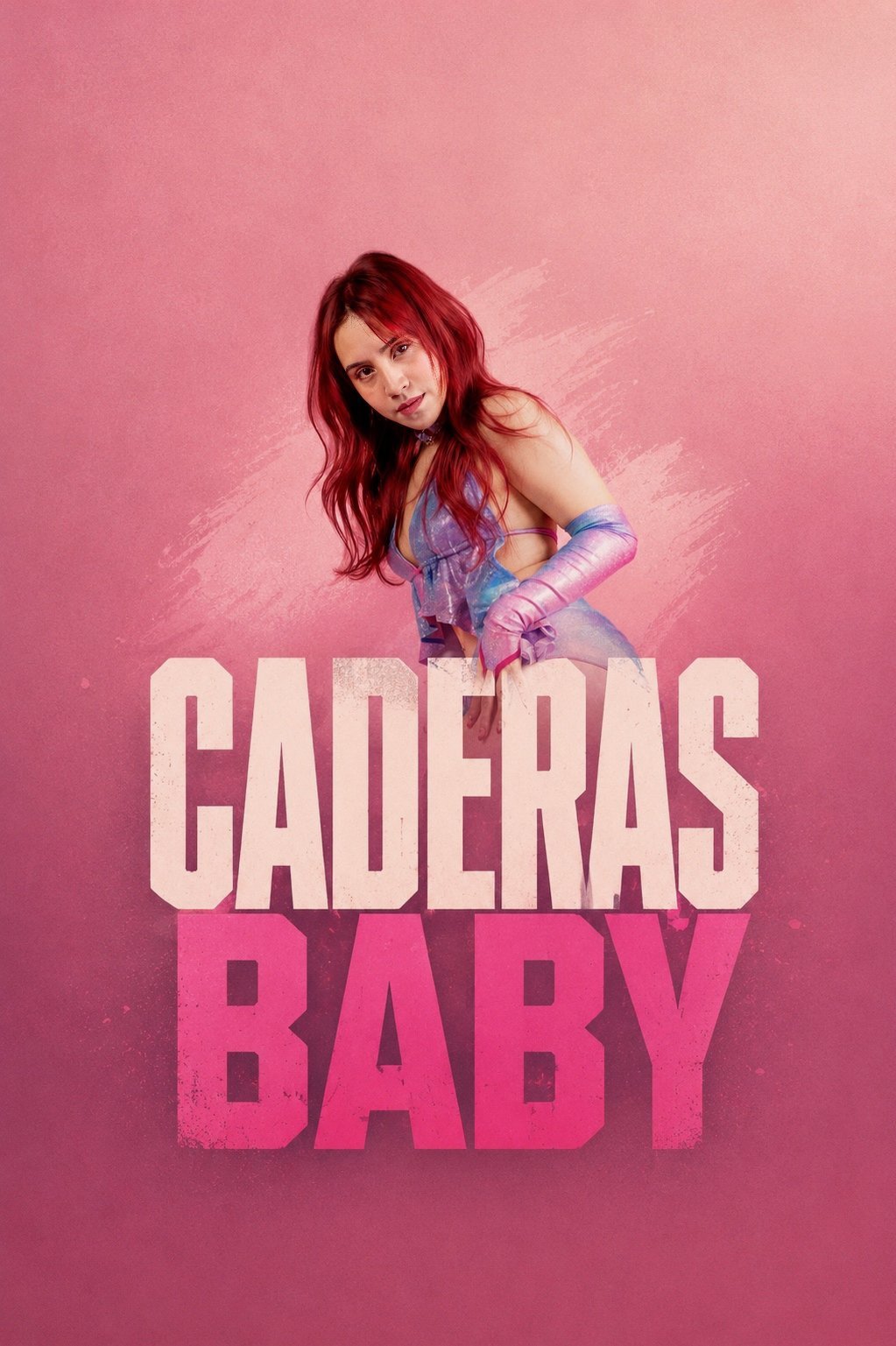 Woman with red hair in purple outfit against pink gradient background with CADERAS BABY text overlay