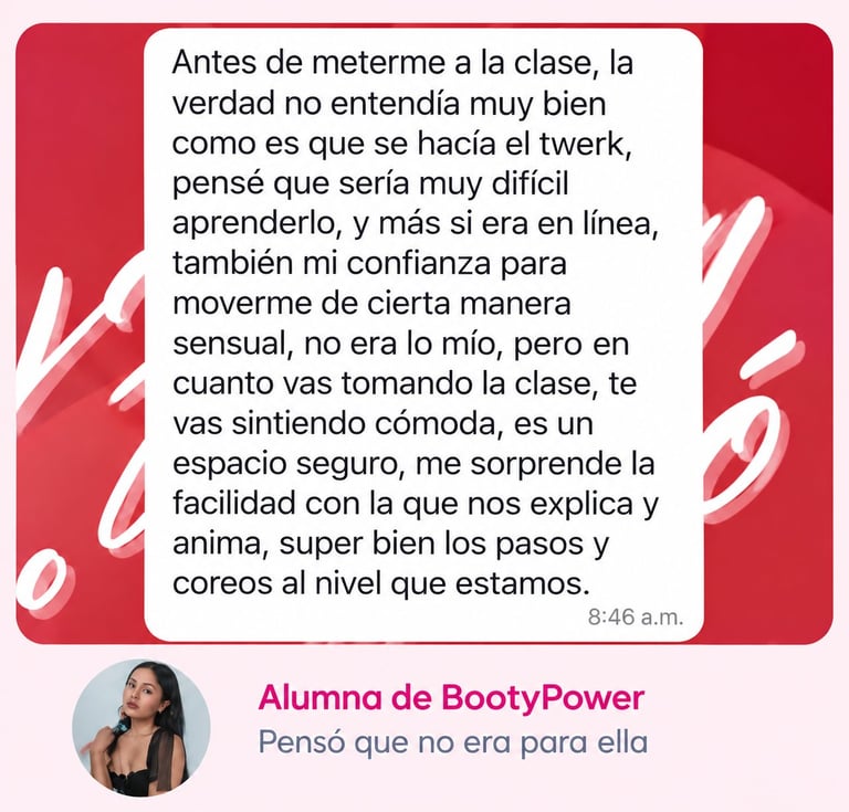 Testimonial from BootyPower student with profile photo and Spanish text message about twerk class experience on red background