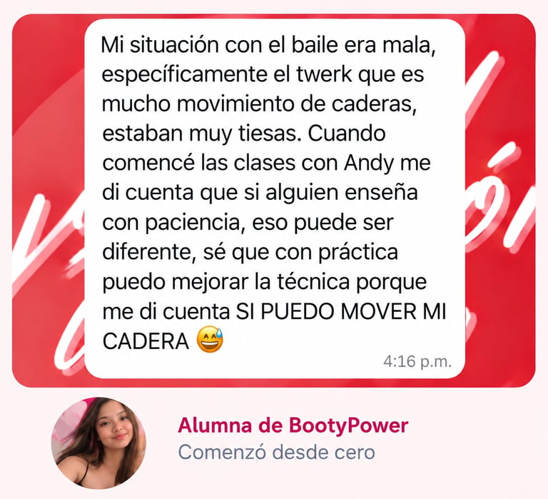 Spanish testimonial message from BootyPower student describing hip movement improvement through patient instruction and practice